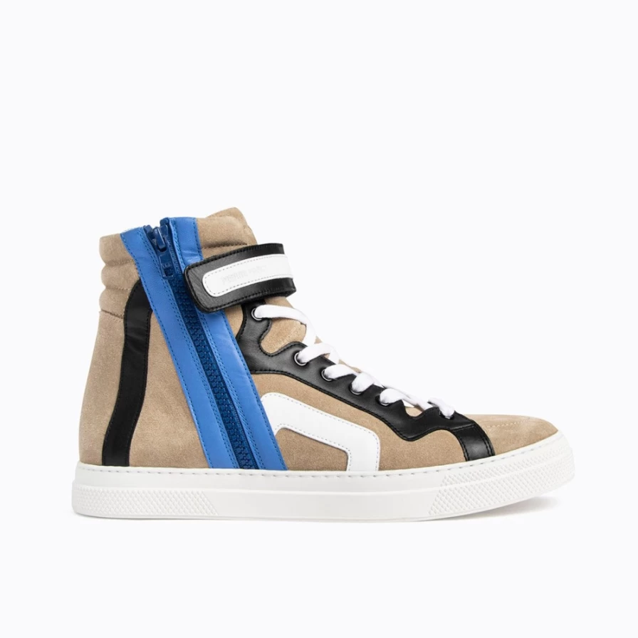 Pierre Hardy Men's 112 High-Top Sneakers in Sand, Black, White & Blue - Premium Leather Athletic Shoes