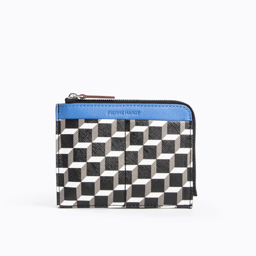 Pierre Hardy Men's Perspective Cube Wallet in Black, White & Blue - Modern Geometric Design Bifold