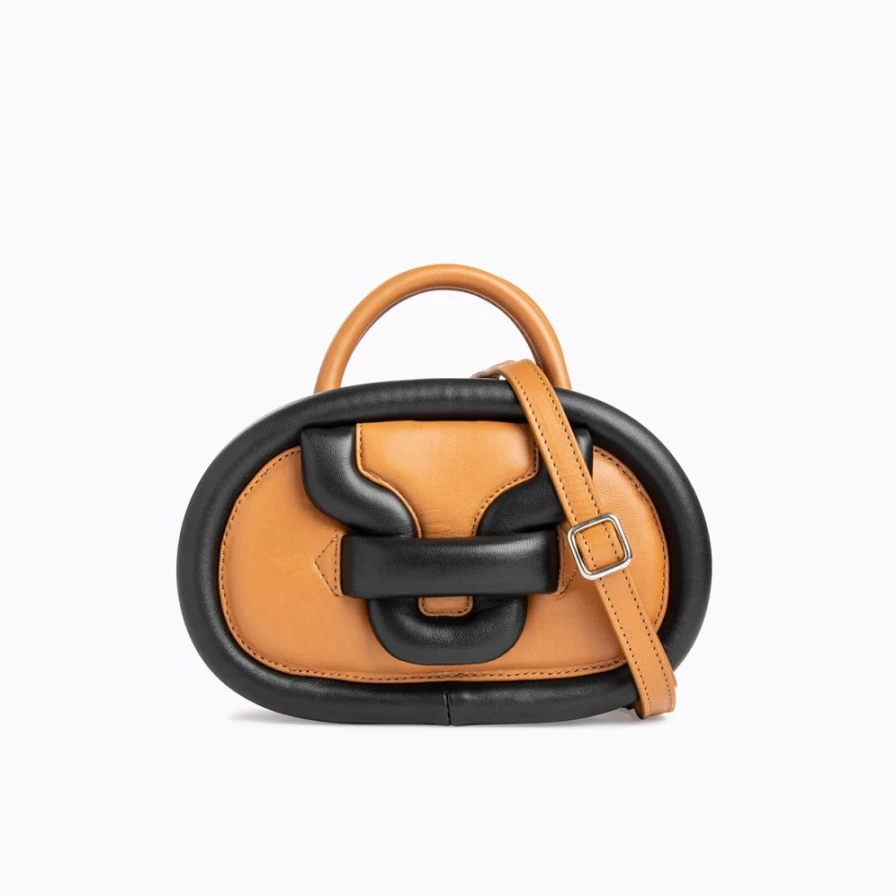 Pierre Hardy Women's Alpha Strike Mini Bag in Cognac & Black - Stylish Leather Crossbody Purse
