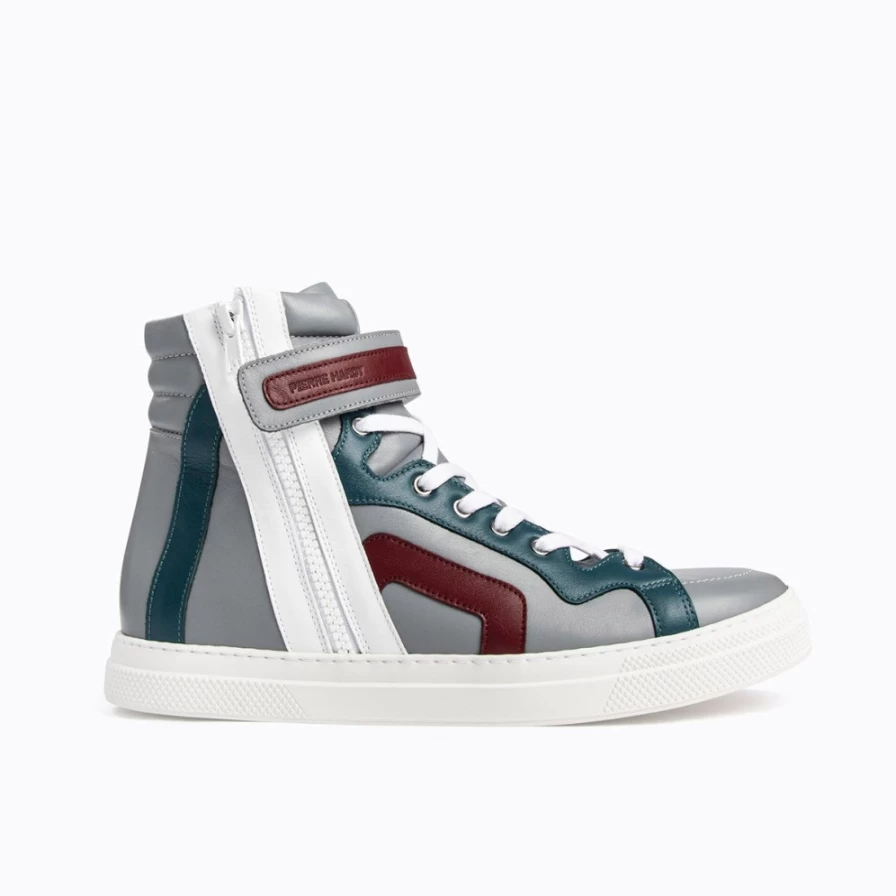 Pierre Hardy Men's High-Top Sneakers in Grey, Burgundy, Green & White - 112 Collection